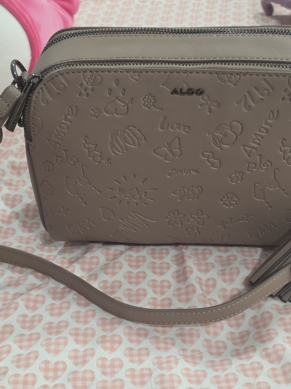 ALDO Taupe Embossed Leather Crossbody Bag – "Amore" Design